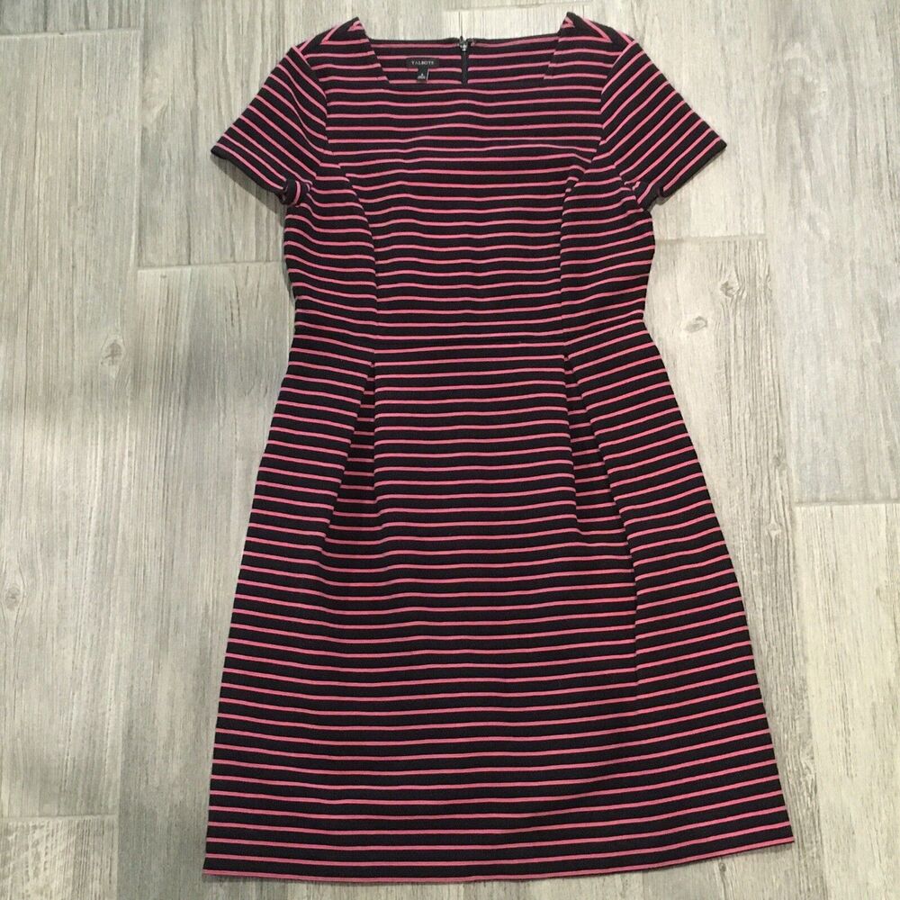 Talbots Fit And Flare Knee Length Pink  Black Stripe Zip Short Sleeves Size 6